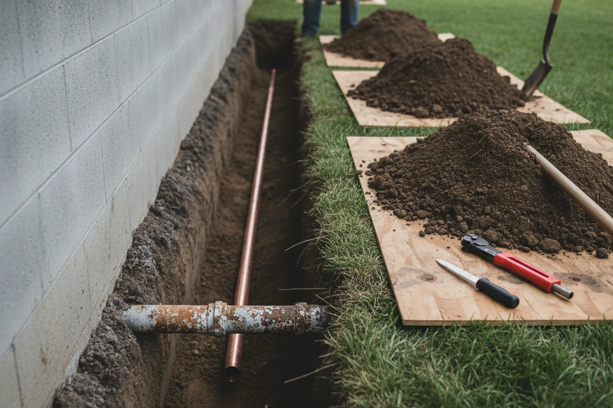 Excavated water line trench during Water Heater Repair in Fort Walton Beach